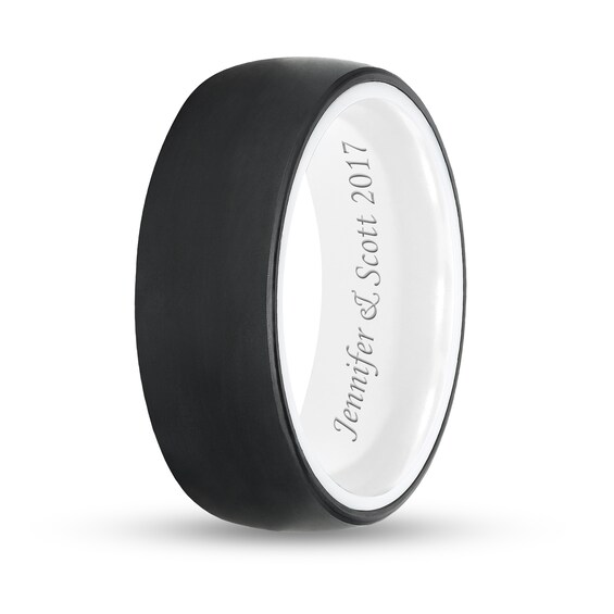Triton 8.0mm Engravable Brushed Comfort-Fit Wedding Band in Black Tungsten and White Ceramic (1 Line)