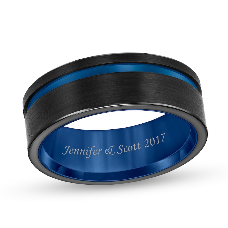 Triton Men's 8.0mm Engravable Brushed Groove Comfort-Fit Wedding Band in Black and Blue Tungsten (1 Line)