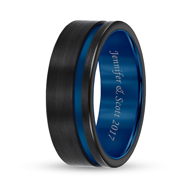 Main Image 3 of Triton 8.0mm Engravable Brushed Groove Comfort-Fit Wedding Band in Black and Blue Tungsten (1 Line)