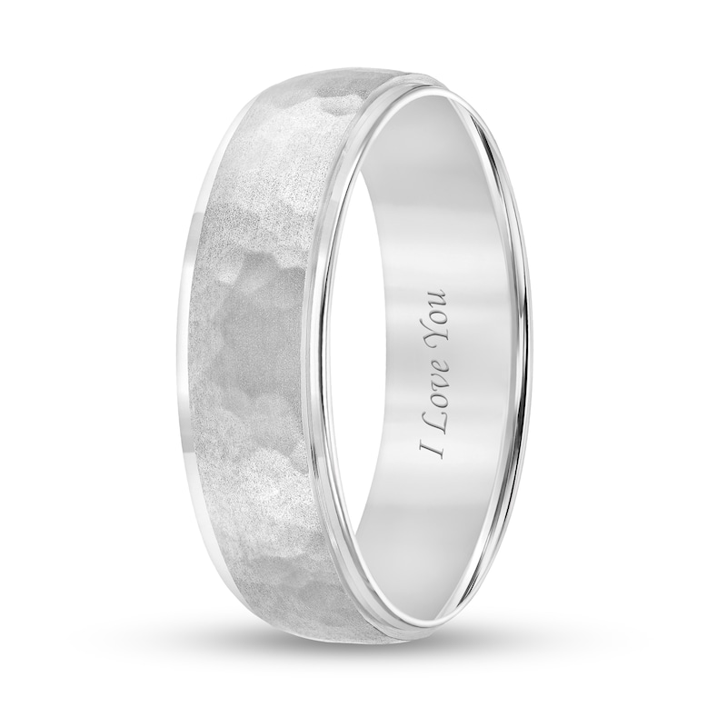 Men's 6.0mm Engravable Hammered Stepped Edge Comfort-Fit Wedding Band in Platinum (1 Line)