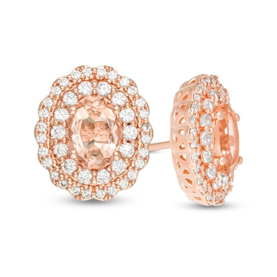 Oval Morganite and Lab-Created White Sapphire Scallop Frame Stud Earrings in Sterling Silver with 18K Rose Gold Plate