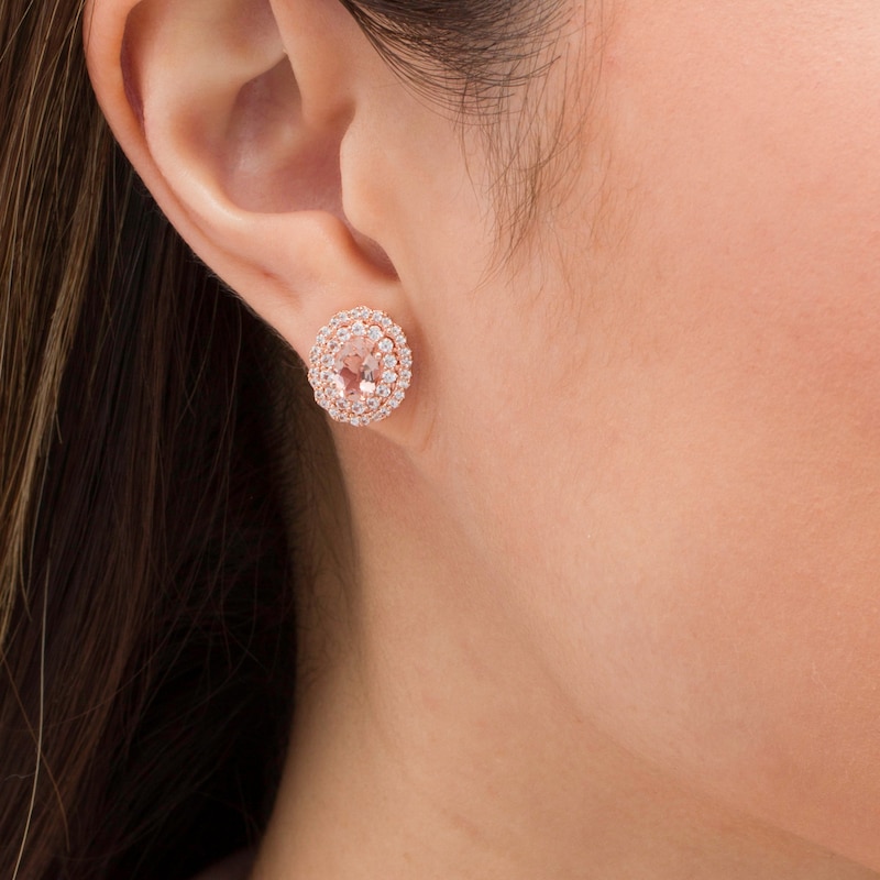Main Image 2 of Oval Morganite and Lab-Created White Sapphire Scallop Frame Stud Earrings in Sterling Silver with 18K Rose Gold Plate
