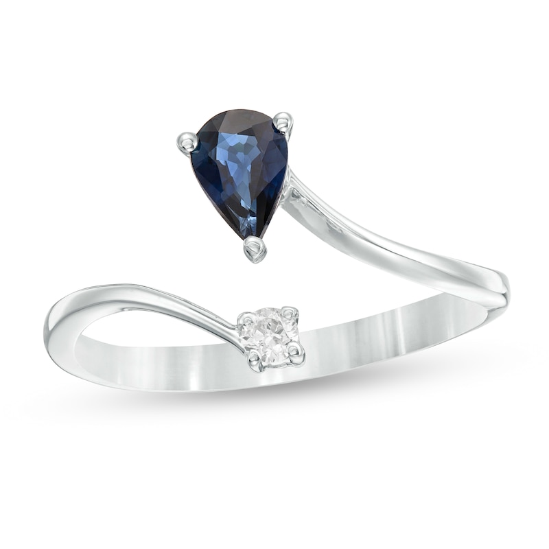 Main Image 1 of Pear-Shaped Blue Sapphire and 1/20 CT. T.W. Diamond Open Shank Ring in 10K White Gold - Size 7