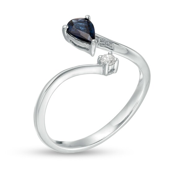 Pear-Shaped Blue Sapphire and 1/20 CT. T.w. Diamond Open Shank Ring in 10K White Gold - Size 7