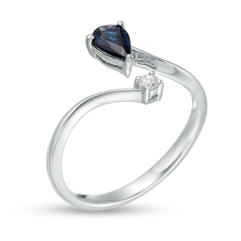 Main Image 3 of Pear-Shaped Blue Sapphire and 1/20 CT. T.W. Diamond Open Shank Ring in 10K White Gold - Size 7
