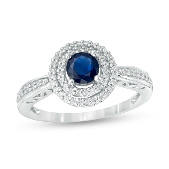 5.0mm Blue Sapphire and 1/5 CT. T.w. Diamond Double Frame Ring in 10K White Gold