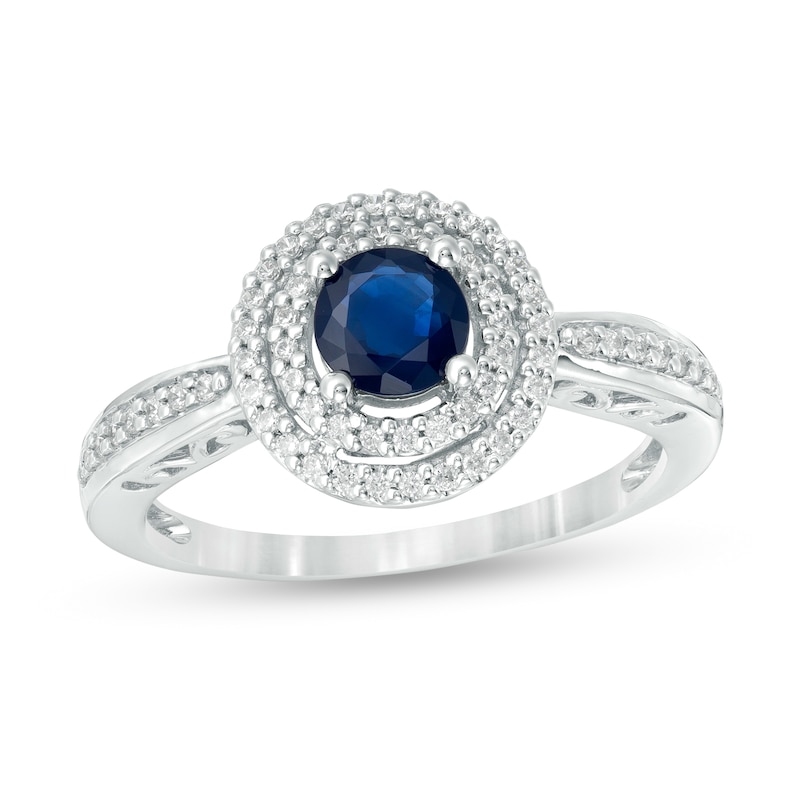 5.0mm Blue Sapphire and 1/5 CT. T.W. Diamond Double Frame Ring in 10K White Gold