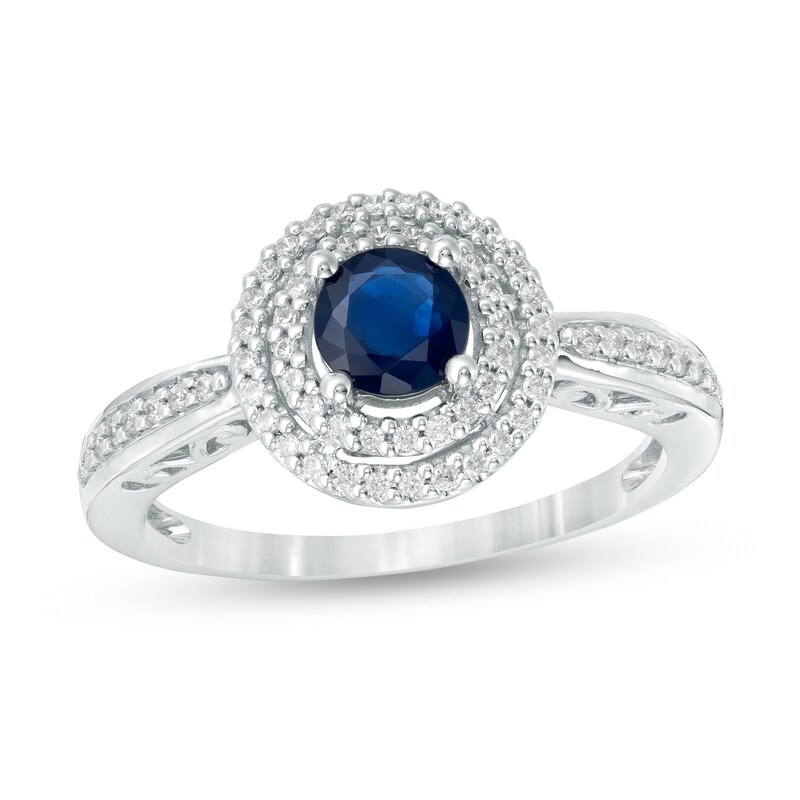 Main Image 1 of 5.0mm Blue Sapphire and 1/5 CT. T.W. Diamond Double Frame Ring in 10K White Gold