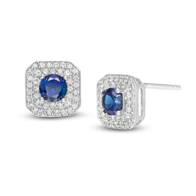 4.0mm Blue Sapphire and 1/3 CT. T.W. Diamond Cushion Frame Stud Earrings in 10K White Gold
