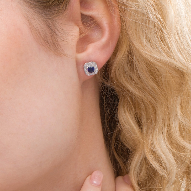 Main Image 2 of 4.0mm Blue Sapphire and 1/3 CT. T.W. Diamond Cushion Frame Stud Earrings in 10K White Gold