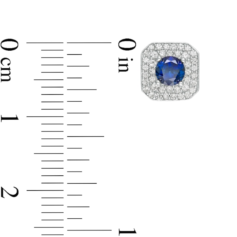 4.0mm Blue Sapphire and 1/3 CT. T.W. Diamond Cushion Frame Stud Earrings in 10K White Gold