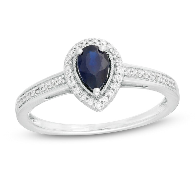 Main Image 1 of Pear-Shaped Blue Sapphire and 1/8 CT. T.W. Diamond Vintage-Style Frame Ring in 10K White Gold