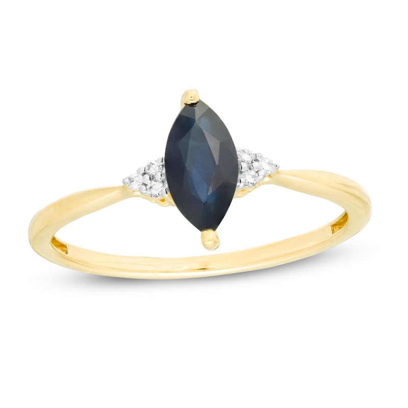 Main Image 1 of Marquise Blue Sapphire and Diamond Accent Tri-Sides Ring in 10K Gold