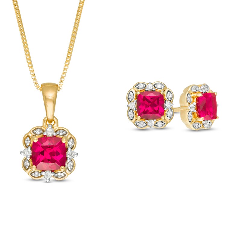 Main Image 1 of Cushion-Cut Lab-Created Ruby and White Sapphire Ornate Two Piece Set in Sterling Silver with 14K Gold Plate
