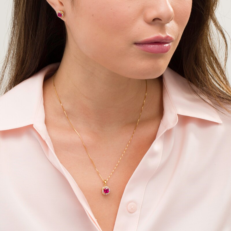 Main Image 2 of Cushion-Cut Lab-Created Ruby and White Sapphire Ornate Two Piece Set in Sterling Silver with 14K Gold Plate