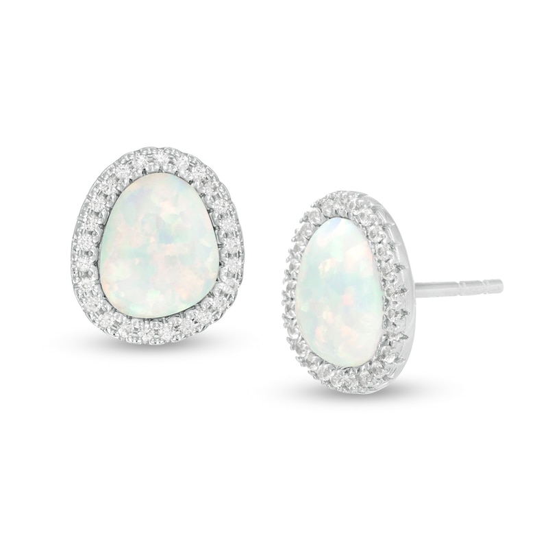 Main Image 1 of Pear-Shaped Lab-Created Opal and White Sapphire Abstract Frame Stud Earrings in Sterling Silver