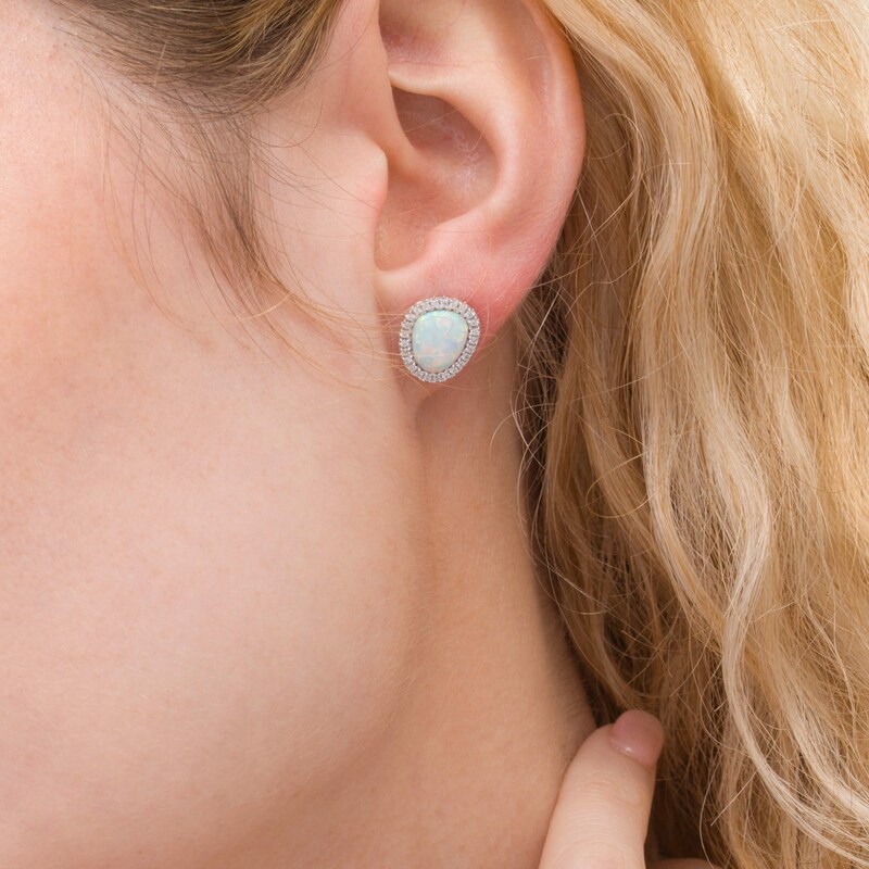 Main Image 2 of Pear-Shaped Lab-Created Opal and White Sapphire Abstract Frame Stud Earrings in Sterling Silver