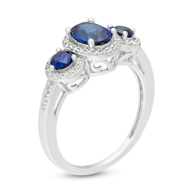 Main Image 3 of Blue Sapphire and 1/6 CT. T.W. Diamond Three Stone Ring in 10K White Gold