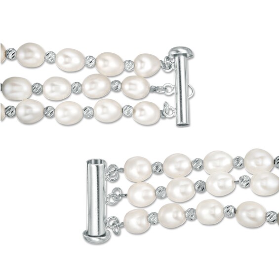 Imperial® Freshwater Cultured Pearl and Diamond-Cut Bead Triple Strand Bracelet with Sterling Silver Clasp-7.25"