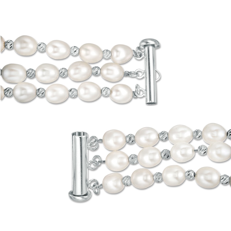 IMPERIAL® Cultured Freshwater Pearl and Diamond-Cut Bead Triple Strand Bracelet with Sterling Silver Clasp - 7.25"