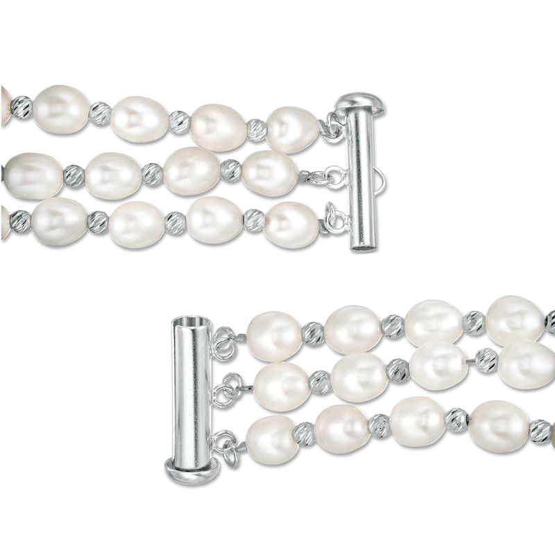 Main Image 3 of IMPERIAL® Freshwater Cultured Pearl and Diamond-Cut Bead Triple Strand Bracelet with Sterling Silver Clasp-7.25"