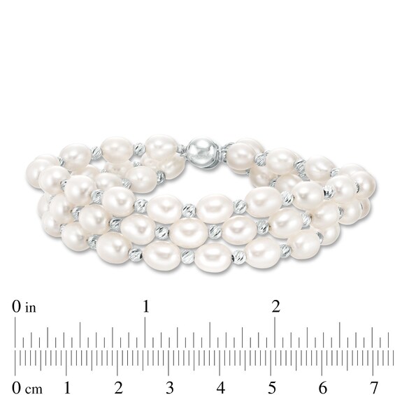 Imperial® Freshwater Cultured Pearl and Diamond-Cut Bead Triple Strand Bracelet with Sterling Silver Clasp-7.25"
