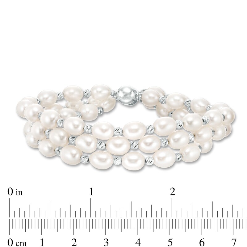 Main Image 4 of IMPERIAL® Freshwater Cultured Pearl and Diamond-Cut Bead Triple Strand Bracelet with Sterling Silver Clasp-7.25"