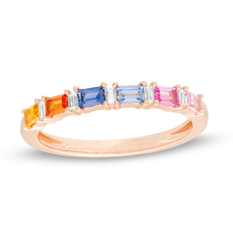 Main Image 1 of Alternating Baguette-Cut Lab-Created Multi-Color Sapphire Ring in Sterling Silver with 14K Rose Gold Plate - Size 7