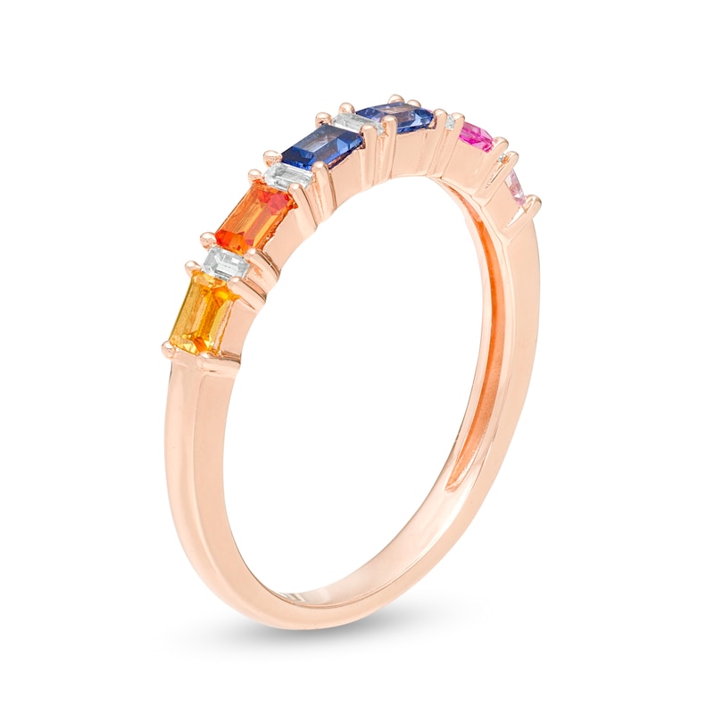 Alternating Baguette-Cut Lab-Created Multi-Color Sapphire Ring in Sterling Silver with 14K Rose Gold Plate - Size 7