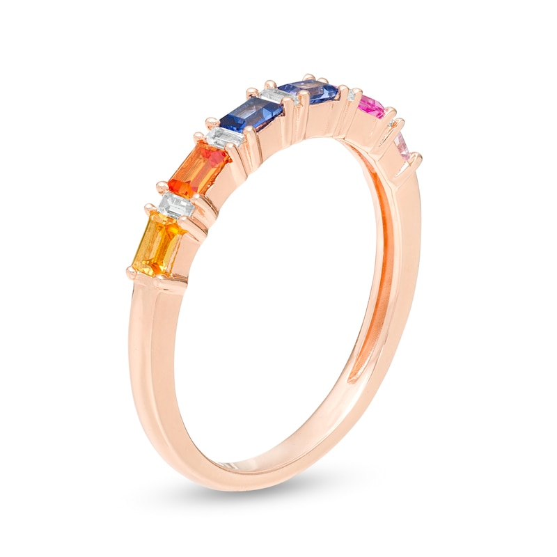 Main Image 3 of Alternating Baguette-Cut Lab-Created Multi-Color Sapphire Ring in Sterling Silver with 14K Rose Gold Plate - Size 7