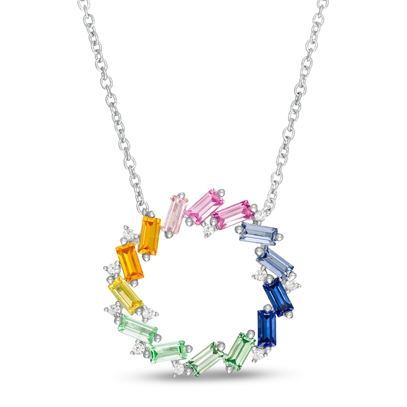 Tilted Baguette-Cut Lab-Created Multi-Color Sapphire Open Circle Pendant in Sterling Silver