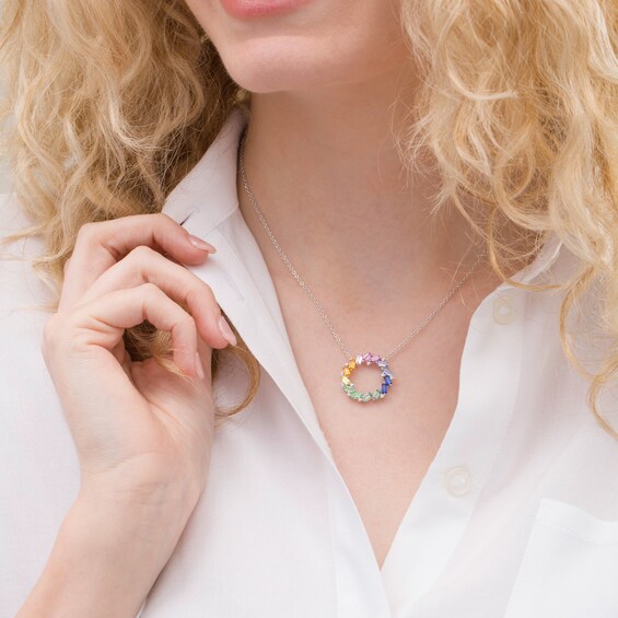 Tilted Baguette-Cut Lab-Created Multi-Color Sapphire Open Circle Pendant in Sterling Silver