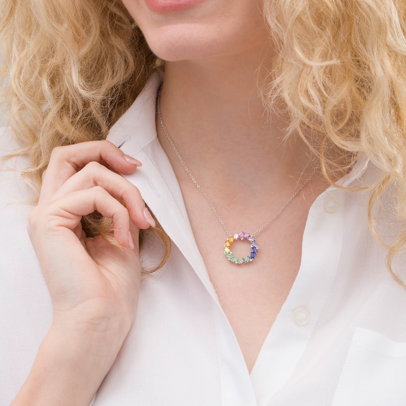 Tilted Baguette-Cut Lab-Created Multi-Color Sapphire Open Circle Pendant in Sterling Silver