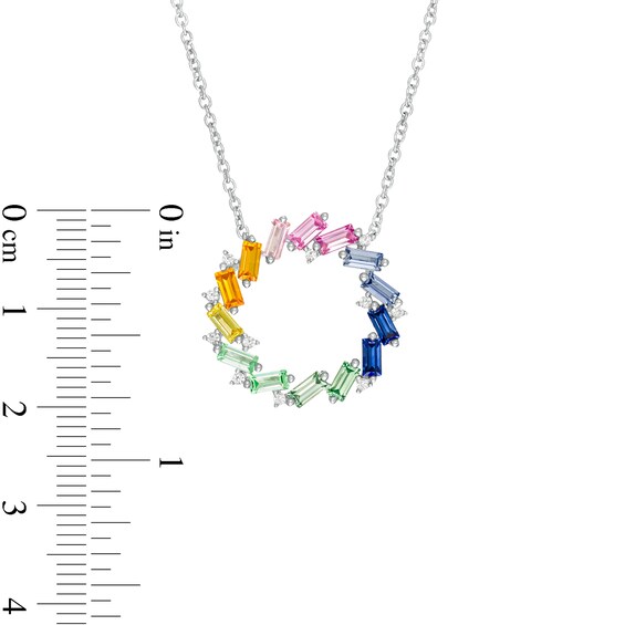 Tilted Baguette-Cut Lab-Created Multi-Color Sapphire Open Circle Pendant in Sterling Silver