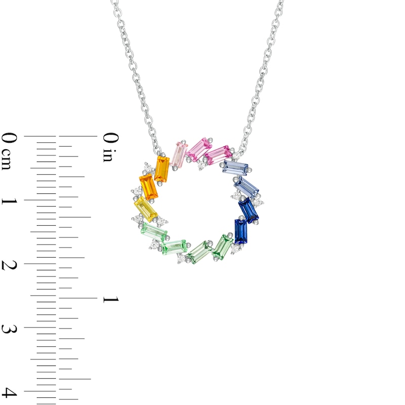 Tilted Baguette-Cut Lab-Created Multi-Color Sapphire Open Circle Pendant in Sterling Silver