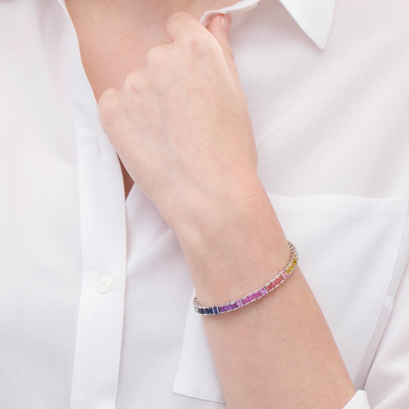 Main Image 2 of Princess-Cut Lab-Created Multi-Color Sapphire Rainbow Tennis Bracelet in Sterling Silver - 7.25"