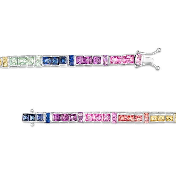 Princess-Cut Lab-Created Multi-Color Sapphire Rainbow Tennis Bracelet in Sterling Silver - 7.25"
