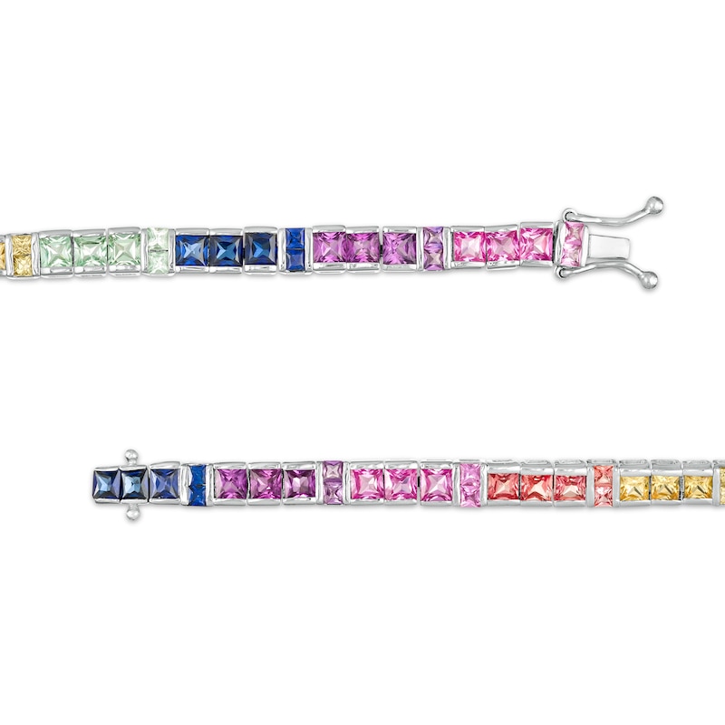 Main Image 3 of Princess-Cut Lab-Created Multi-Color Sapphire Rainbow Tennis Bracelet in Sterling Silver - 7.25"