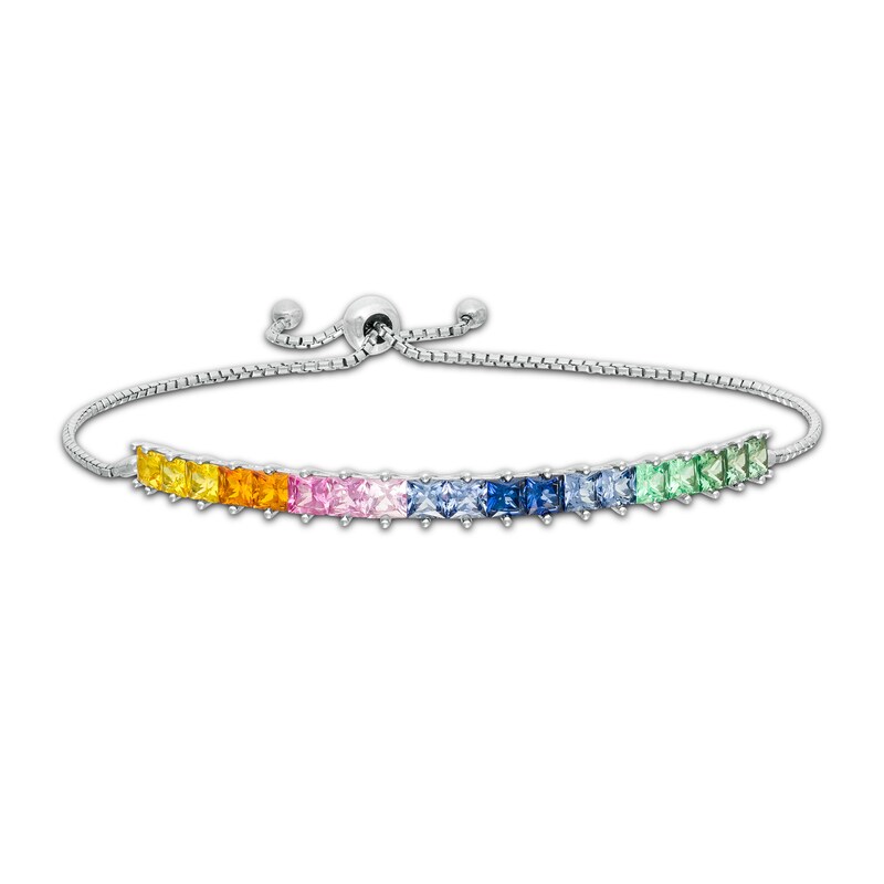 Main Image 1 of Princess-Cut Lab-Created Multi-Color Sapphire Rainbow Bolo Bracelet in Sterling Silver - 8.0"