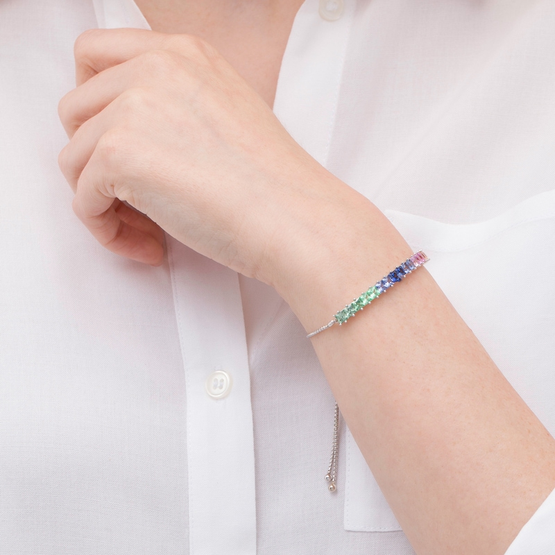 Main Image 2 of Princess-Cut Lab-Created Multi-Color Sapphire Rainbow Bolo Bracelet in Sterling Silver - 8.0"