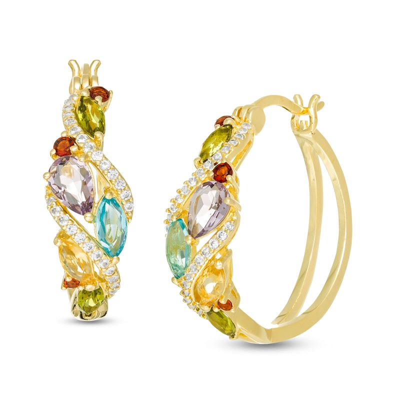 Main Image 1 of Multi-Gemstone and Lab-Created White Sapphire Cascading Cluster Hoop Earrings in Sterling Silver with 18K Gold Plate