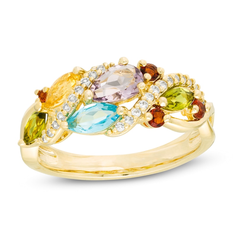 Main Image 1 of Multi-Gemstone and Lab-Created White Sapphire Cascading Cluster Ring in Sterling Silver with 18K Gold Plate - Size 7