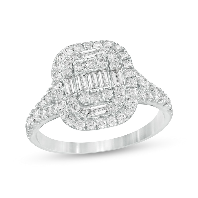 Main Image 1 of 1 CT. T.W. Baguette and Round Diamond Cushion Frame Ring in 10K White Gold
