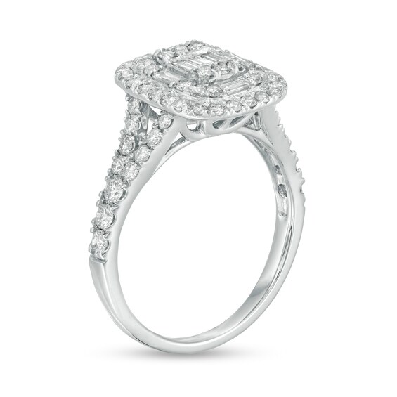 1 CT. T.w. Baguette and Round Diamond Cushion Frame Ring in 10K White Gold