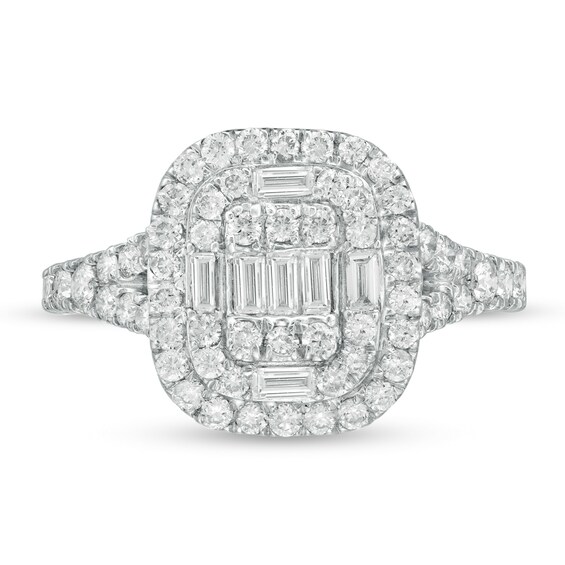 1 CT. T.w. Baguette and Round Diamond Cushion Frame Ring in 10K White Gold