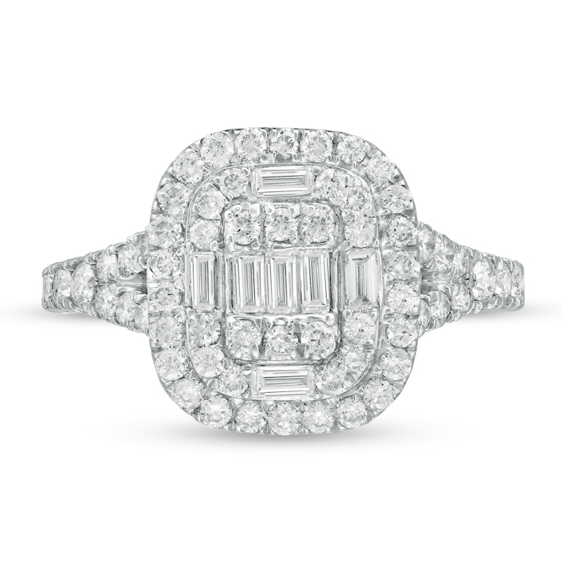 Main Image 4 of 1 CT. T.W. Baguette and Round Diamond Cushion Frame Ring in 10K White Gold