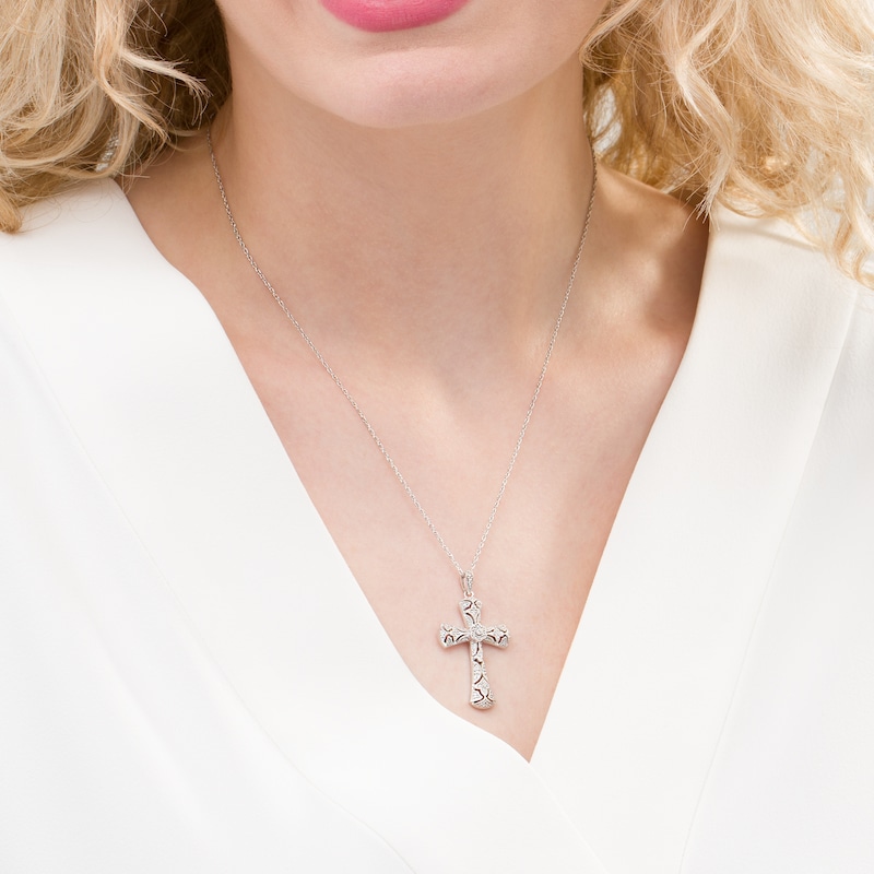 Main Image 2 of 1/8 CT. T.W. Diamond Cross Vintage-Style Pendant in Sterling Silver