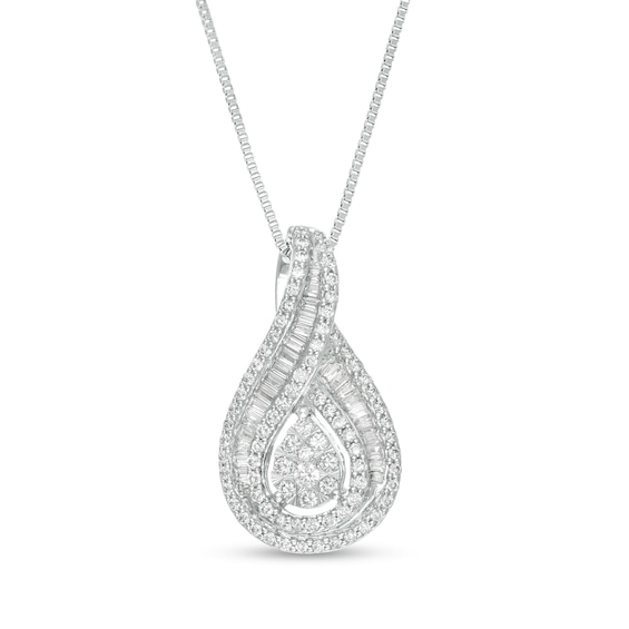 3/4 CT. T.w. Baguette and Round Diamond Teardrop Frame Pendant in 10K White Gold