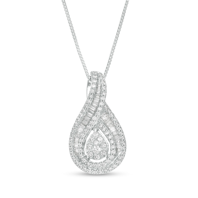 Main Image 1 of 3/4 CT. T.W. Baguette and Round Diamond Teardrop Frame Pendant in 10K White Gold
