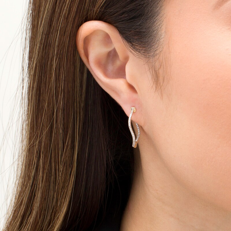 Main Image 2 of 1/4 CT. T.W. Diamond Wavy Inside-Out Hoop Earrings in 10K Gold